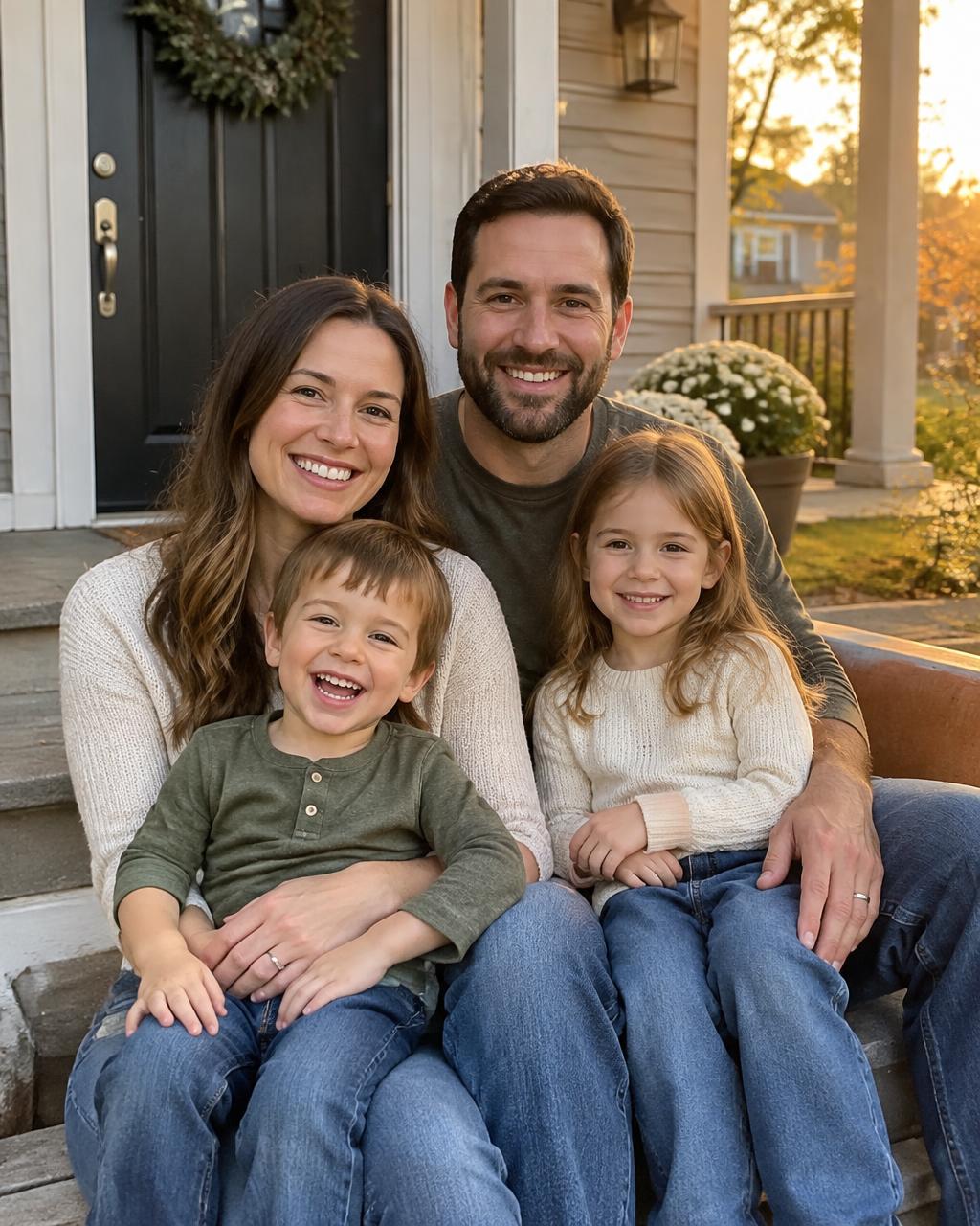 A family sitting together on the front porch of their home